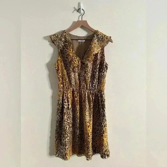 CARLOS MIELE Beige Yellow Gold Leopard Print Ruffle Detail Mini Dress Size XS - Picture 8 of 12